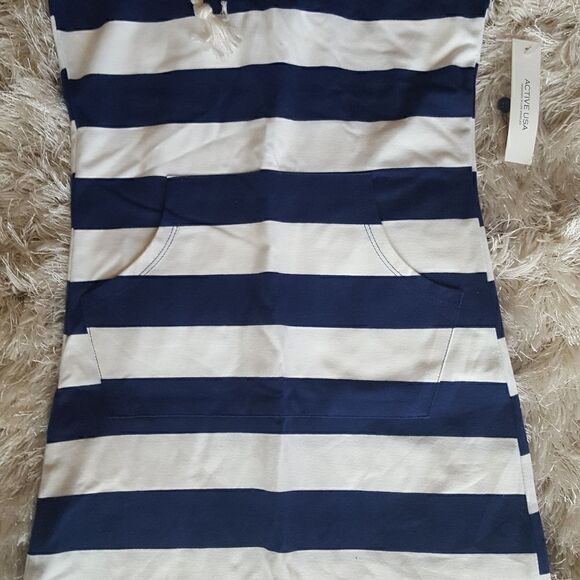 Actice Basic Sleeveless Striped  Hooded Midi Dress Blue White - Picture 5 of 6